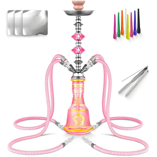 Hookah Set 4 Hose 21 Shisha Hookah Set with Everything - Glass Shisha Vase Disposable Hookah Tips 50 Hookah Foil (Pink)
