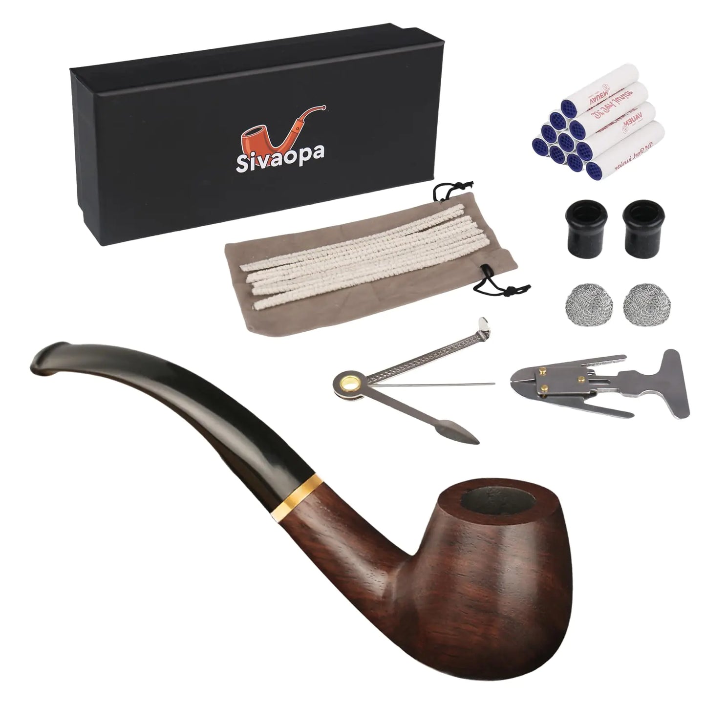 Handmade Wood Tobacco Pipe Set - Beginner Kit with Ebony Finish - Gift for Smoking Enthusiasts - Includes Accessories