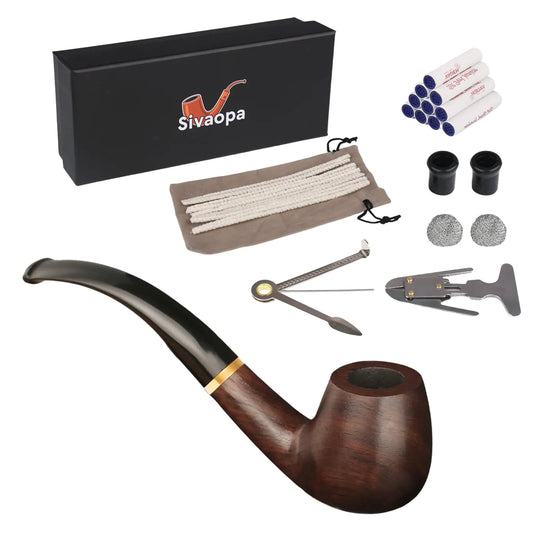 Handmade Wood Tobacco Pipe Set - Beginner Kit with Ebony Finish - Gift for Smoking Enthusiasts - Includes Accessories
